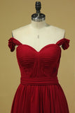 2024 Burgundy/Maroon Prom Dresses Off The Shoulder A Line Chiffon Floor Length With PGM57AAN