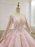 Elegant Ball Gown Pink Long Sleeves Appliques Prom Dresses, Quinceanera STG20482
