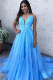 A Line Sky Blue Spaghetti Straps V Neck Tulle Prom Dresses, Cheap Evening Dresses STG15554