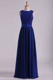 2024 Dark Royal Blue Prom Dresses Scoop A Line Chiffon With Beading Floor P6ZBETQN