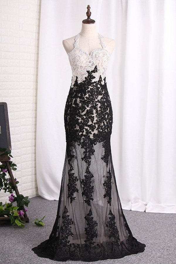 2022 Prom Dresses Mermaid Spaghetti Straps Tulle With Applique PA9B1Q8S
