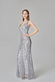 Sexy V Neck Silver Mermaid Prom Dresses, Embroidered Sequins Long Evening Dresses STG15368