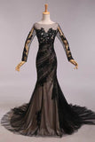 2024 Elegant Evening Dresses Mermaid Black Scoop Tulle With Applique Chic Mother Of Bridal P98ZSFBH