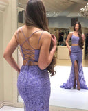 Elegant Two Pieces Mermaid Lilac Lace Slit Long Prom Dresses, Formal STG15645