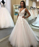 A Line V-neck Long Tulle Wedding Dress with Appliques, Cheap Bridal Dresses STG15045