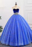 Ball Gown Sweetheart Strapless Blue Prom Dresses with Beading, Tulle Quinceanera Dresses STG15073