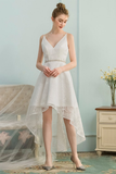 High Low V-Neck Asymmetrical Ivory Lace Homecoming Dress