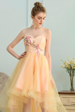 A-Line Sweetheart High Low Yellow Stretch Satin Homecoming Dress with Appliques