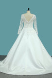 2024 A Line Scoop Satin Wedding Dresses With Applique PKCHH69B