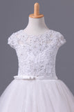 2024 Flower Girl Dresses Short Sleeves Scoop A Line With Applique And Ribbon PP5HG3P5