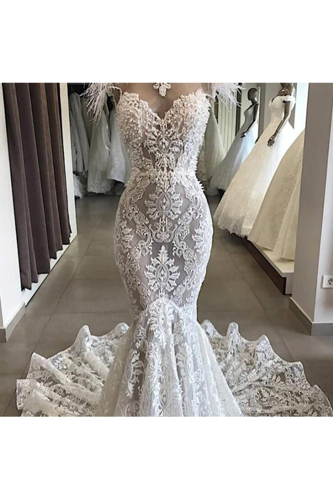 Luxury Lace Mermaid Wedding Dress With Train Sexy Open Back Pearls Wedding STGPE5AS8YA