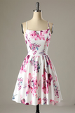 Short A-Line White Printed Open Back Homecoming Party Dress