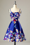 Sweet A-line Straps Short Printed Royal Blue Homecoming Dress