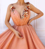 Charming Orange 3D Flowers Long Prom Dresses V-neck Tulle Cheap Evening Dresses STG15120