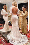 Ivory Backless Long Sleeves Mermaid Wedding Dress Embroidery& Beads Wedding STGPYJ9JRQB