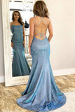 Blue Spaghetti Straps Mermaid Prom Dresses Sleeveless Evening Dresses