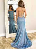 Blue Spaghetti Straps Mermaid Prom Dresses Sleeveless Evening Dresses