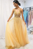 A Line Floor Length Tulle Prom Dress With Sequins Cheap V Neck Long Formal STGP1NJG7JC