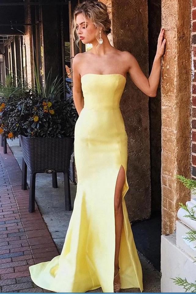 Sexy Yellow Satin Strapless Mermaid Prom Dresses, Sleeveless Evening Dresses with Split STG15372