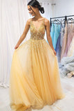 A Line Gold V Neck Beading Tulle Prom Dresses Spaghetti Straps Long Cheap Formal Dress STG14999