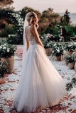 Elegant A Line V Neck Tulle Wedding Dresses with Flowers, V Back Beach Wedding Gowns STG15513
