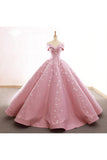 Ball Gown Off The Shoulder Satin Prom Dress With Appliques Long Quinceanera STGPDJZ6JB1