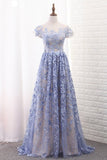 2022 Off The Shoulder Short Sleeves A Line Lace Prom Dresses P516ECQ6