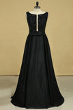 2024 Black Prom Dresses Black Bodice Scoop Satin Floor Length Beaded & PQANBK31