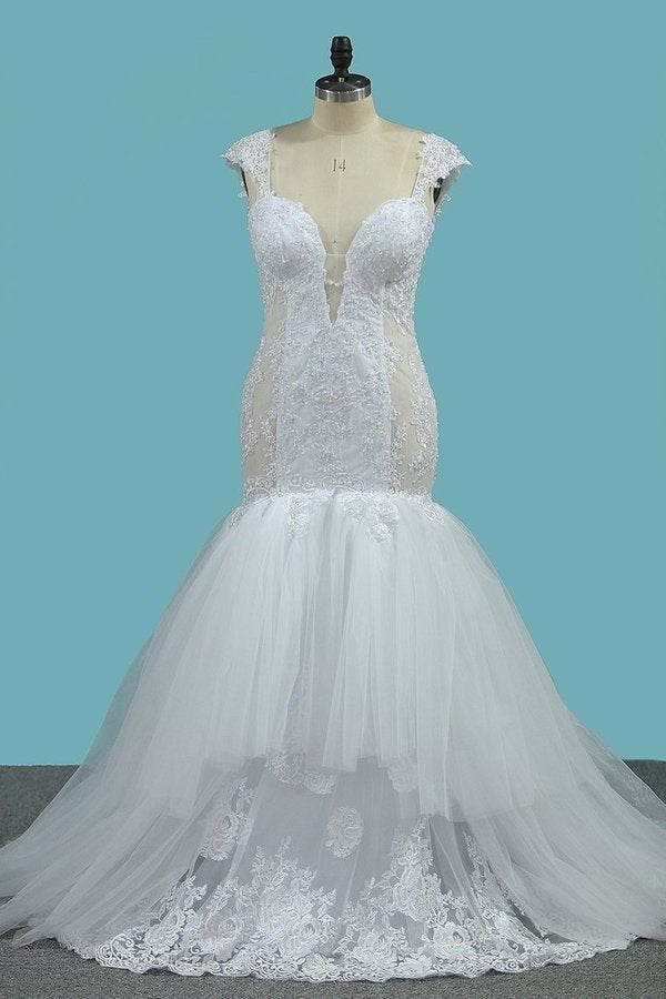 2022 Mermaid Spaghetti Straps Tulle Wedding Dresses With Applique PA2HR8DC