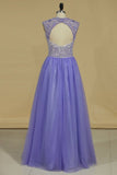2024 Scoop A Line Prom Dresses Tulle With Beading Open PXXYN3YD