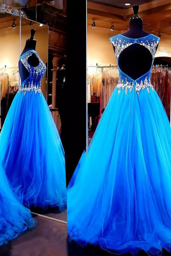 2022 Open Back Scoop Prom Dresses Tulle With Beading Sweep Train P4DEFQC9