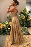 Gold V Neck Sequins Formal Dresses A Line Sleeveless Sparkly Sweep Train Prom STGPST6TC5H