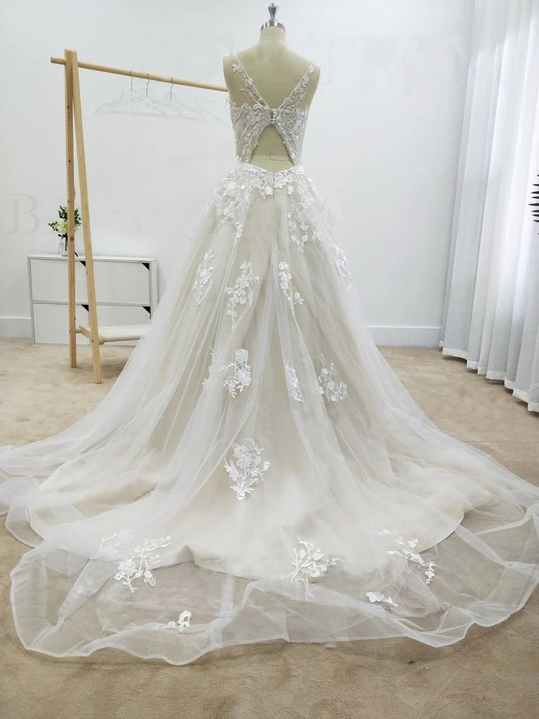 A Line Floral Appliques Beach Wedding Dresses Backless Tulle Boho Wedding Gowns