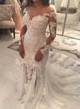 Long Sleeve Sparkly Mermaid V Neck Beads Wedding Dresses With Applique STG15249