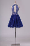 2024 High Neck Homecoming Dresses Beaded Bodice A-Line Dark Royal Blue Tulle PTQPG92B