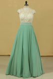 2024 High Neck A Line Chiffon With Applique Prom Dresses Floor PXY32M5Q