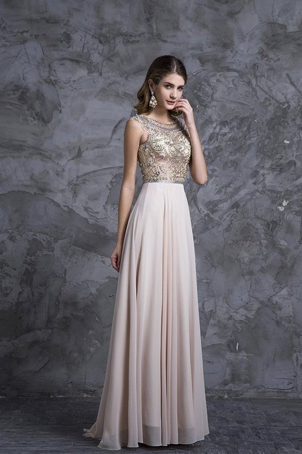 2022 Prom Dresses A-Line Scoop Beaded Bodice Floor-Length Chiffon Zipper PM8C45BY