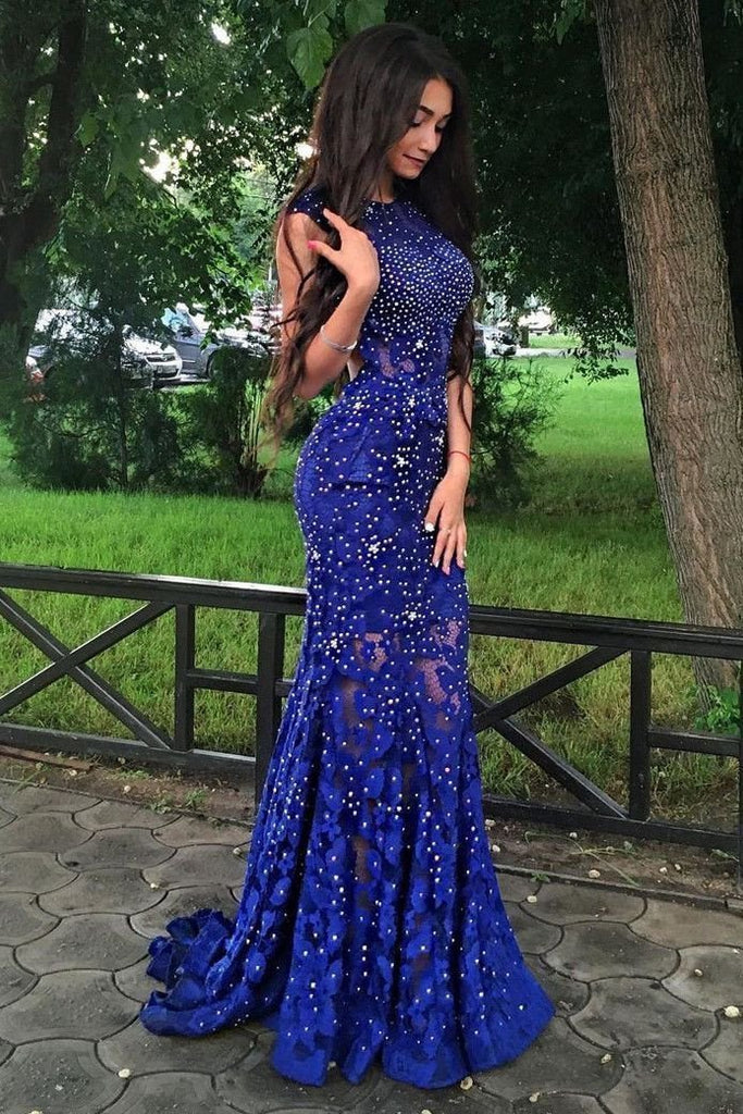 Royal Blue Jewel Sweep Train Lace Backless Mermaid Prom Dress with Beading