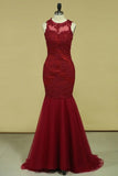 2024 Sexy Open Back Prom Dresses Mermaid Scoop Tulle With Applique PPH8TBRK