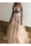 Sheer Round Neck Appliques Long Sleeves Tulle Prom Party STGP3AF4A68