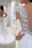 2022 Mermaid/Trumpet V-Neck Tulle Wedding Dresses With Appliques Cap Sleeves PX5H5FR5