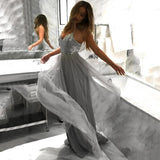Flowy A Line Spaghetti Straps Grey Tulle Long Prom Dresses Cheap Dance Dresses STG15228