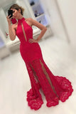 2024 High Neck Lace Mermaid Prom Dresses With Slit P5BXDFYF