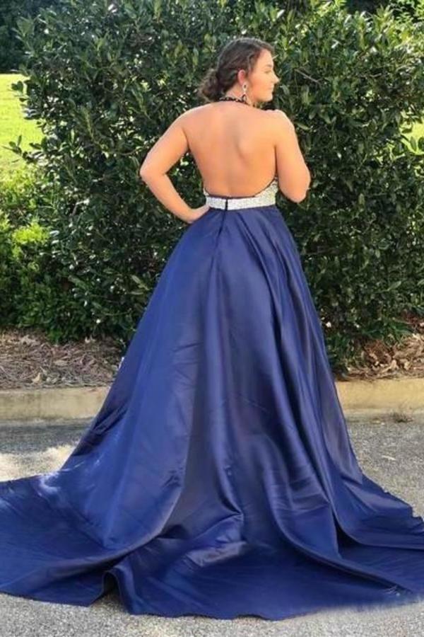 2022 Prom Dress Halter Satin With Beads&Sequins Open Back PT7THRB1