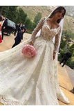 V-Neck Long Sleeves Ball Gown Wedding Dress With Appliques STGP2F2SCZH