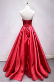 A Line Sweetheart Red Satin Lace Up Long Prom Dresses with Bowknot, Cheap Formal Dresses STG15035