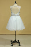 2024 Scoop Beaded Bodice A Line Prom Dress Short/Mini With Tulle Skirt White PQBC6XXD