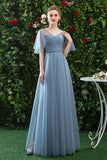 A Line V Neck Tulle Blue Cheap Prom Dress, Long Floor Length Bridesmaid Dresses STG15044