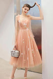 Cute Tea Length A Line Pink Short Prom Dress Sweet 16 Dresses with Hand Made Flower STG15138