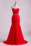 2024 Red Mermaid Sweetheart Floor Length Prom Dresses With Ruffles And PJLR8N71